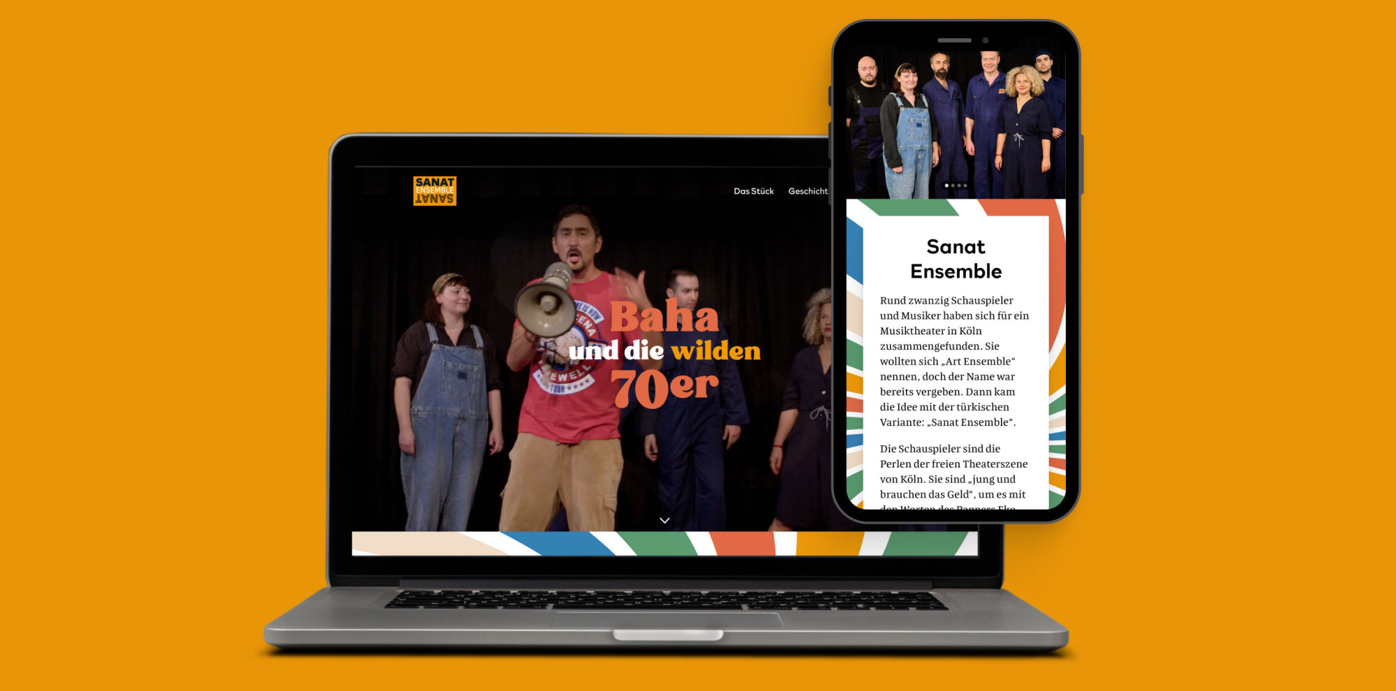 The Sanat Ensemble website, showing the homepage with a colourful design and images of the performers on laptop and mobile.