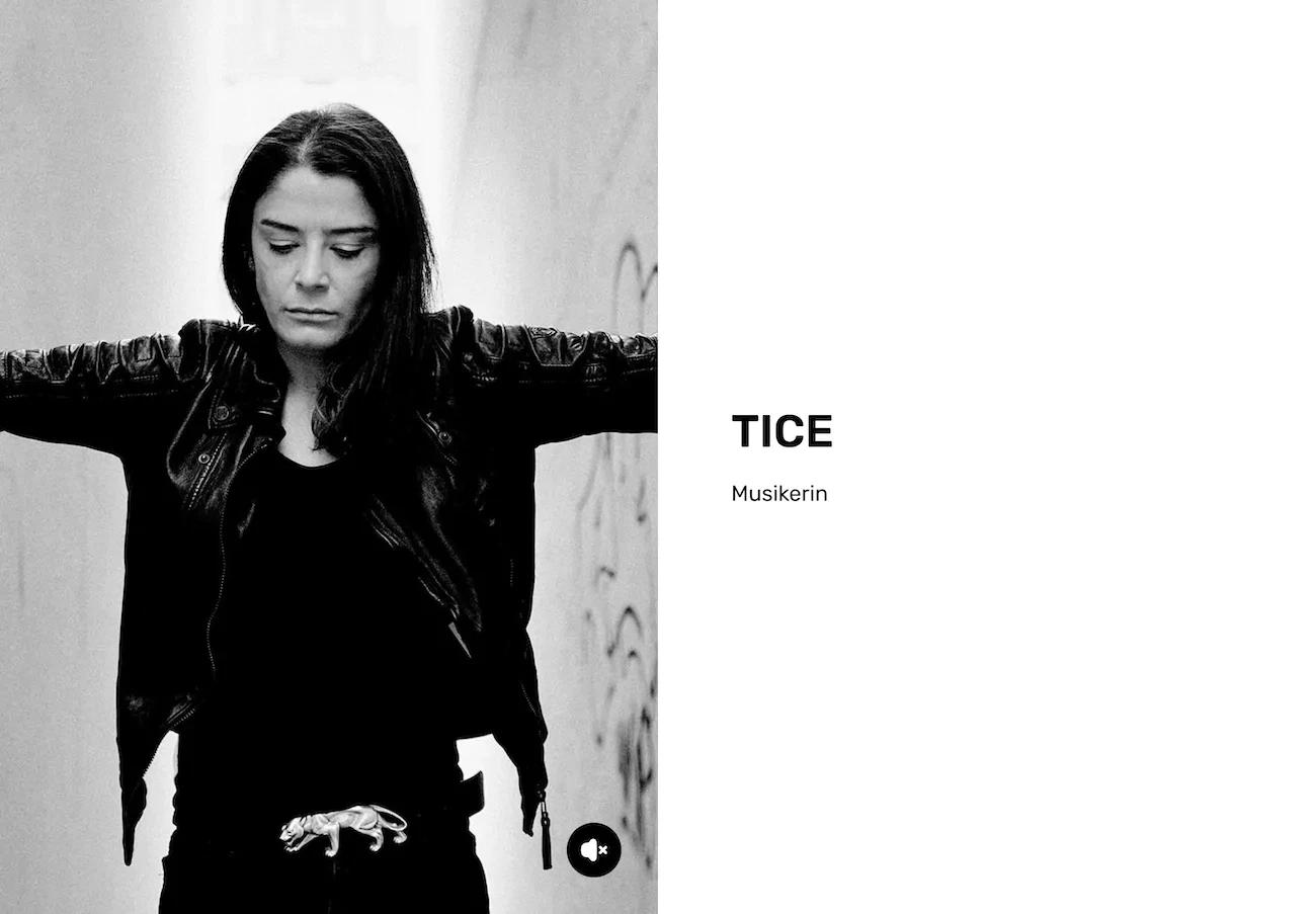 On the left side, there is a photo of an artist named Tice, and on the right, there is a title with her name, Tice, and her title in German, Musikerin, on a white background.