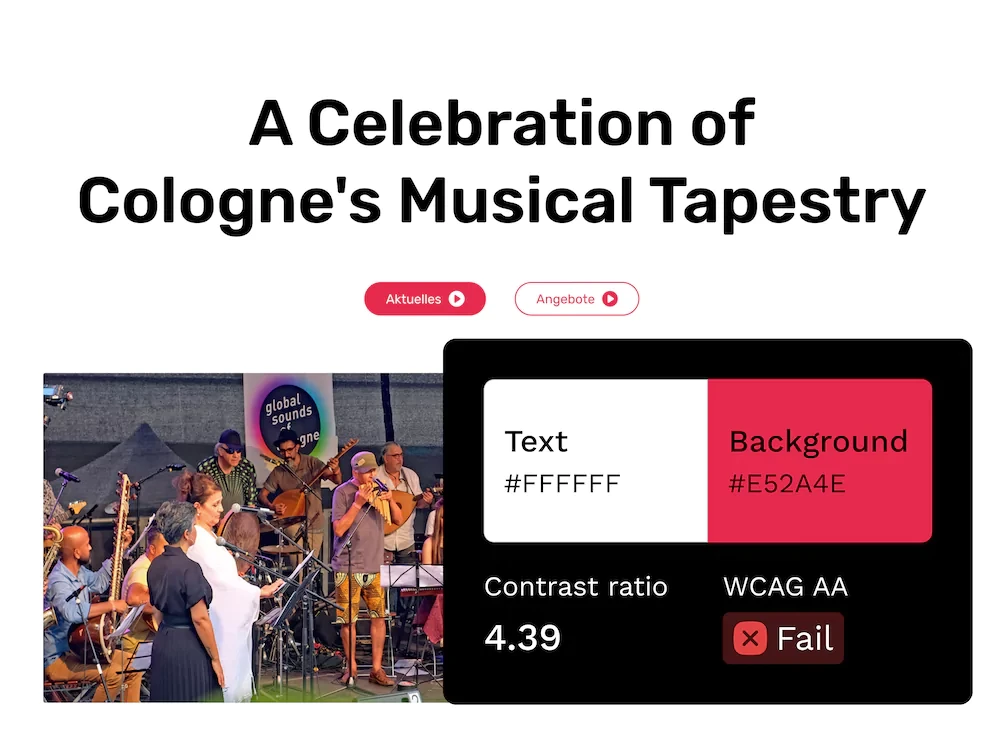 A screenshot of the Globale Musik hero section design, including two buttons in white and red colors. There is an overlay that checks color contrast, and under WCAG AA, it says Fail
