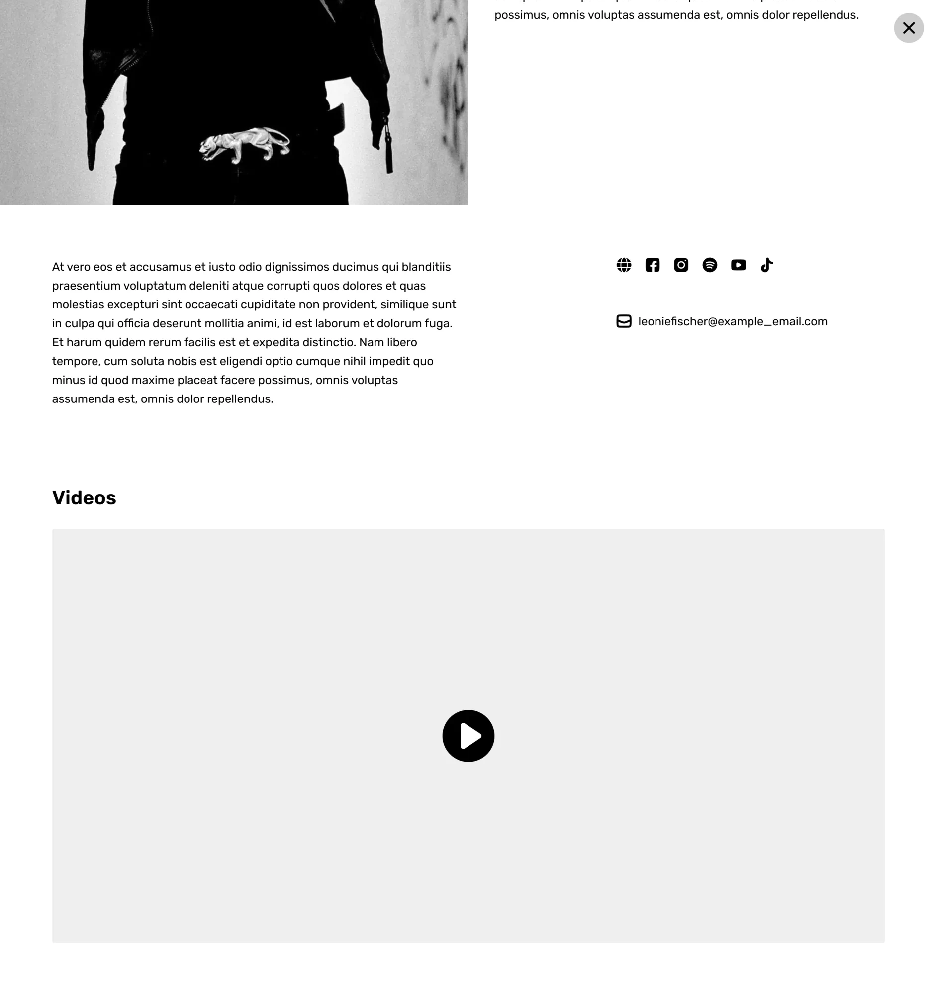 A screenshot of a section of a musician's page. There are bio texts and social media icons without titles at the top, and below that, there is a title, videos, and a light grey rectangle with a play button in the middle.