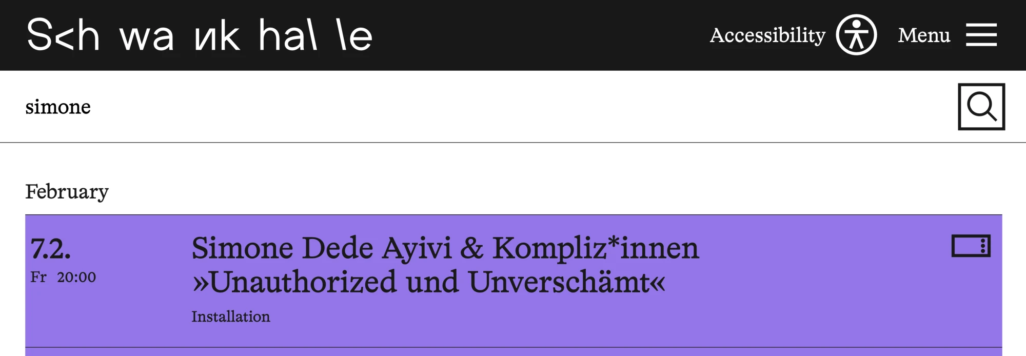The search icon is focused and has a black border focus outline on Schwankhalle calendar page