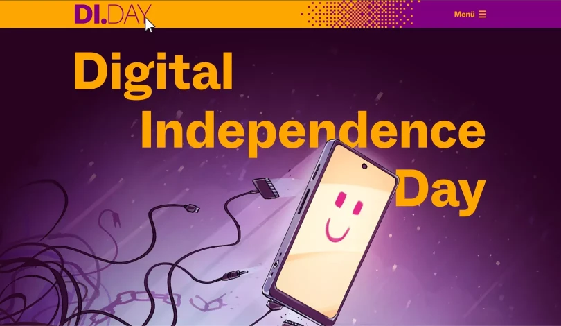Screenshot of the homepage of Digital Independence Day website, on the hero it says Digital Independence Day with the background image that has a Cheerful smartphone against a galactic backdrop, freed from the constraints of cables