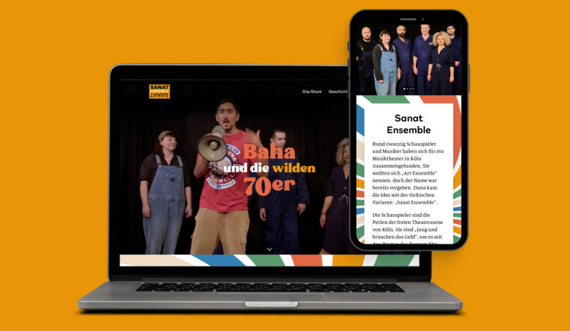 The Sanat Ensemble website, showing the homepage with a colourful design and images of the performers on laptop and mobile