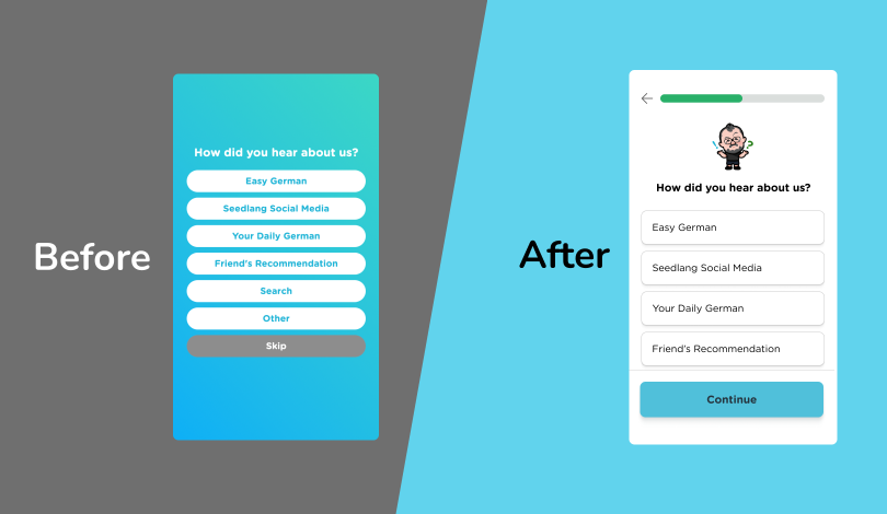 On the left, there is a word that says Before and a mobile screen of the old version of the Seedlang registration process. On the right, there is a word that says After and a mobile screen of Yoshie's redesign of the Seedlang registration process.