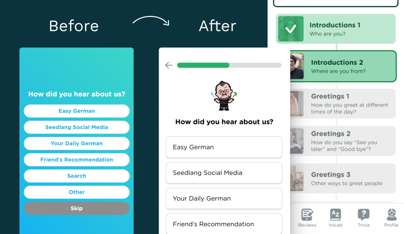 On the left, there is a word that says Before and a mobile screen of the old version of the Seedlang registration process. On the right, there is a word that says After and a mobile screen of Yoshie's redesign of the Seedlang registration process.