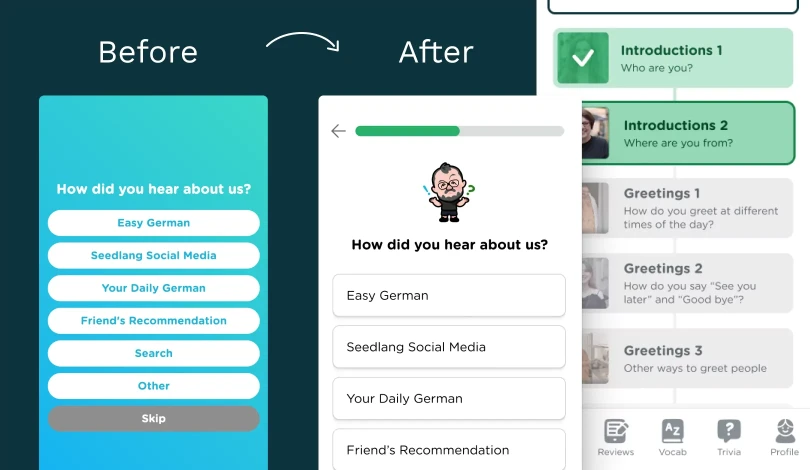 On the left, there is a word that says Before and a mobile screen of the old version of the Seedlang registration process. On the right, there is a word that says After and a mobile screen of Yoshie's redesign of the Seedlang registration process.