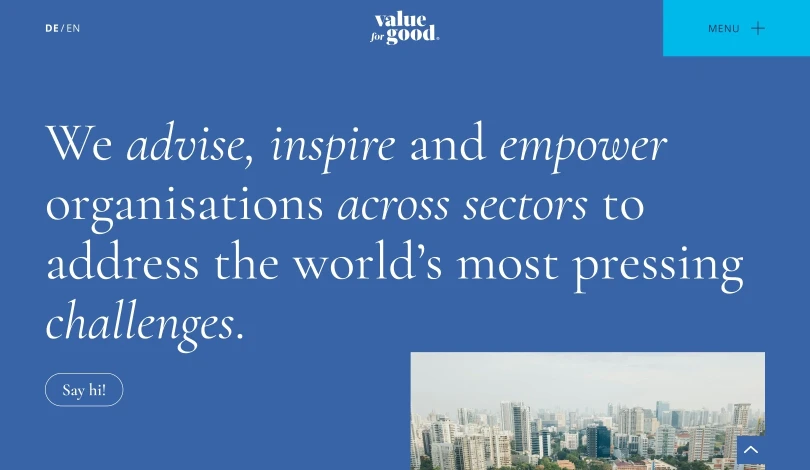 The website navigation and hero of Value for Good