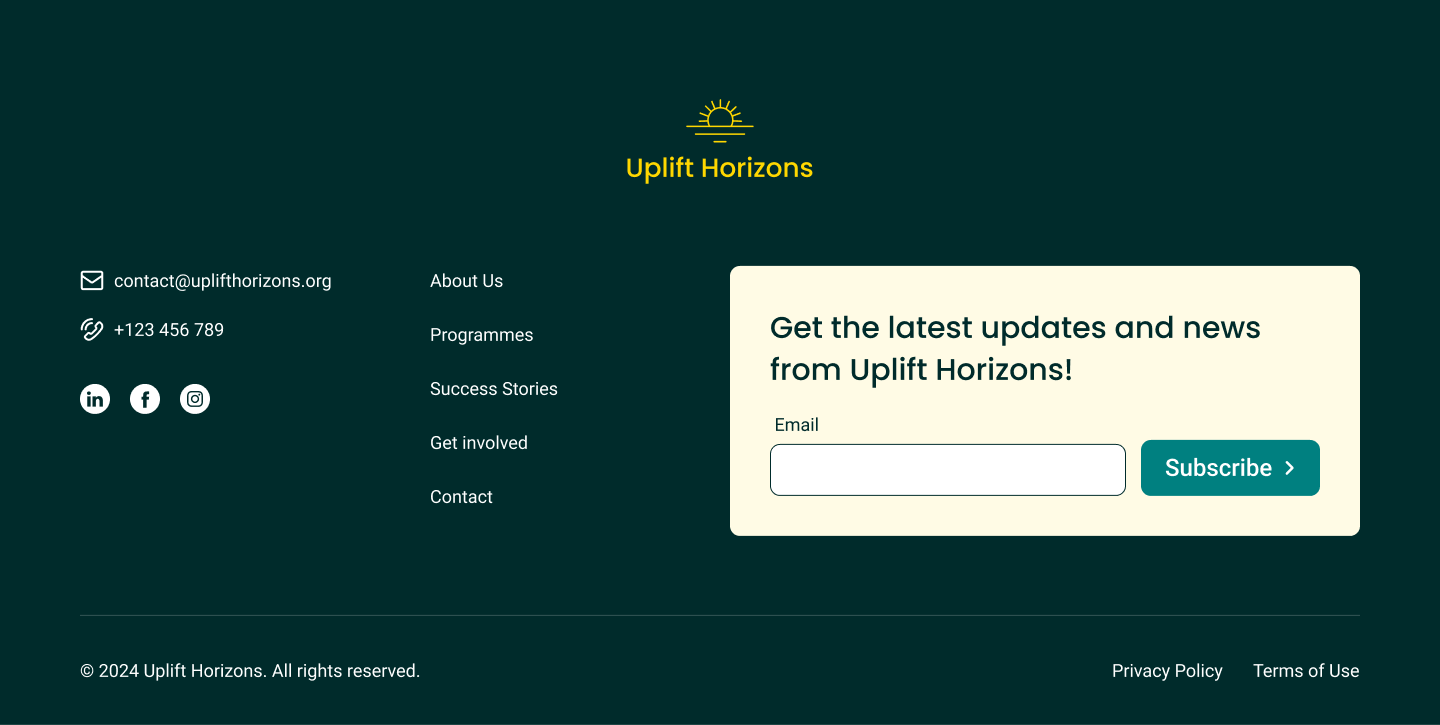 Newsletter signup page for Uplift Horizons with an email input field and subscribe button, set against a dark green background with website navigation menu on the left side.