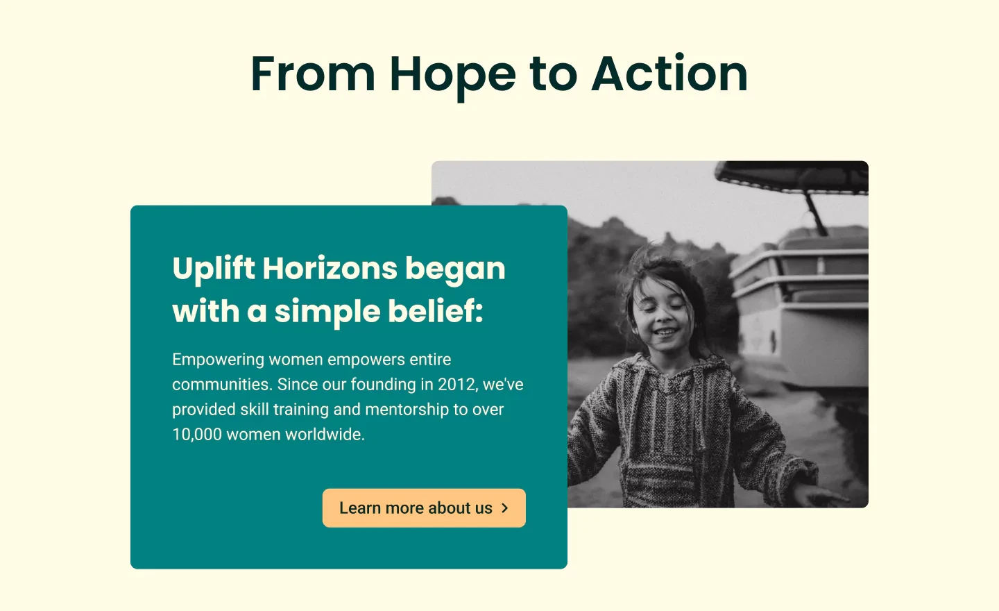 Headline overlay stating "Uplift Horizons began with a simple belief:" with a "Learn more about us" button on the blue background. There is an image of a girl closing her eyes in black and white.