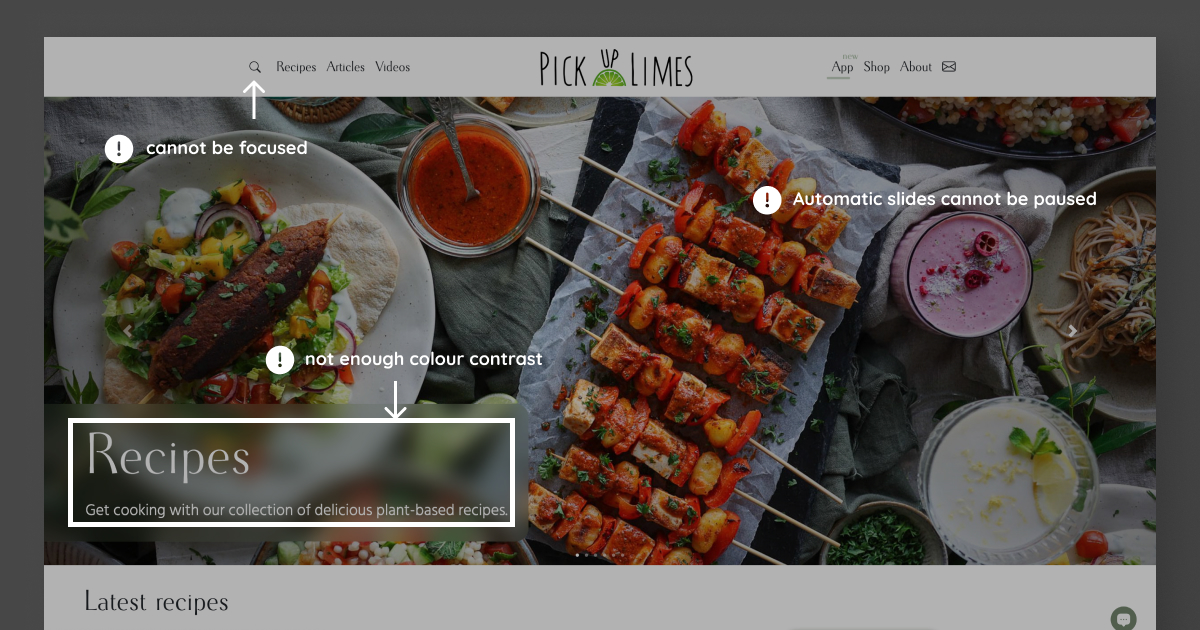 A screenshot of pickuplimes.com with highlighted accessibility issues