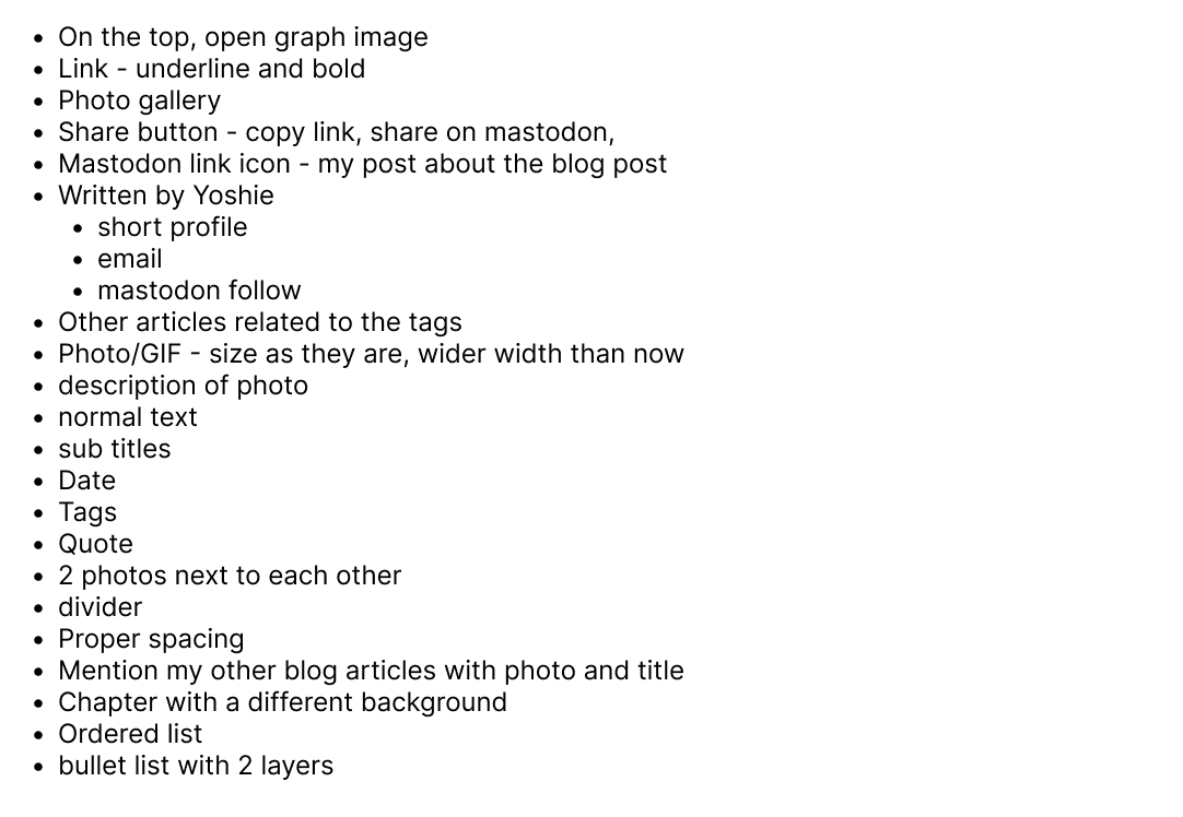 List of elements I want to include in my blog article