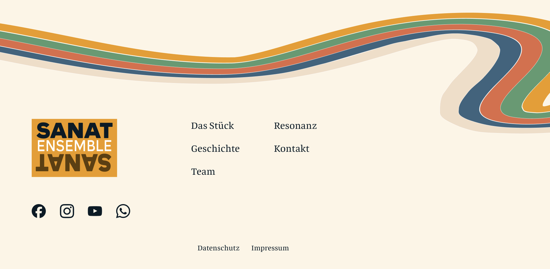 the sanat ensemble website's footer with a colourful wavy line before the footer