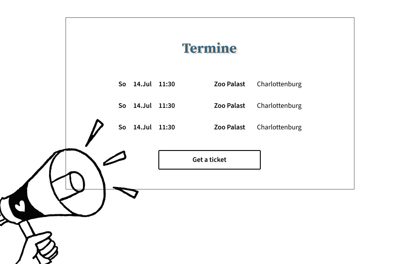 Event schedule with a Get a ticket button and a megaphone graphic emphasizing the announcement.