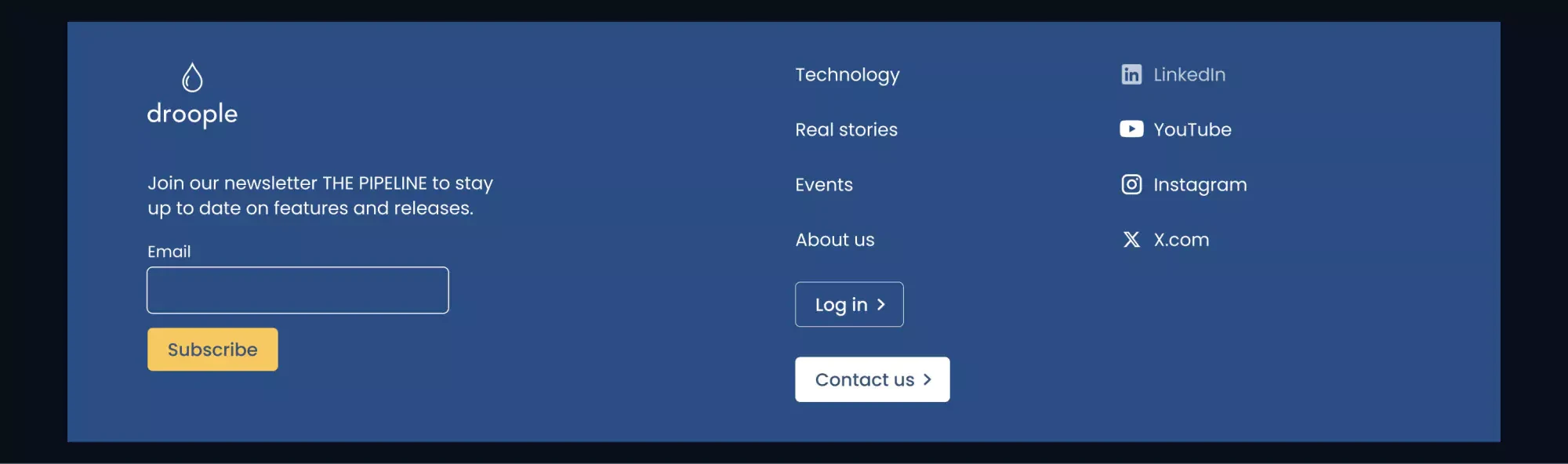 Yoshie's redesign of the footer. In the top left, there is a logo and text, and below that, there is an email input with a label that says Email, an input box, and a button. On the right side, there are menu items, social media links, and buttons to log in and contact us.