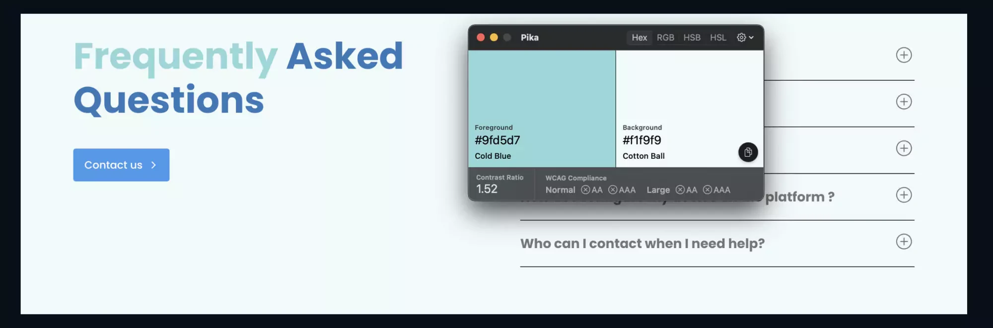 The current website's FAQ section with a overlay of colour contrast with the ratio 1.52