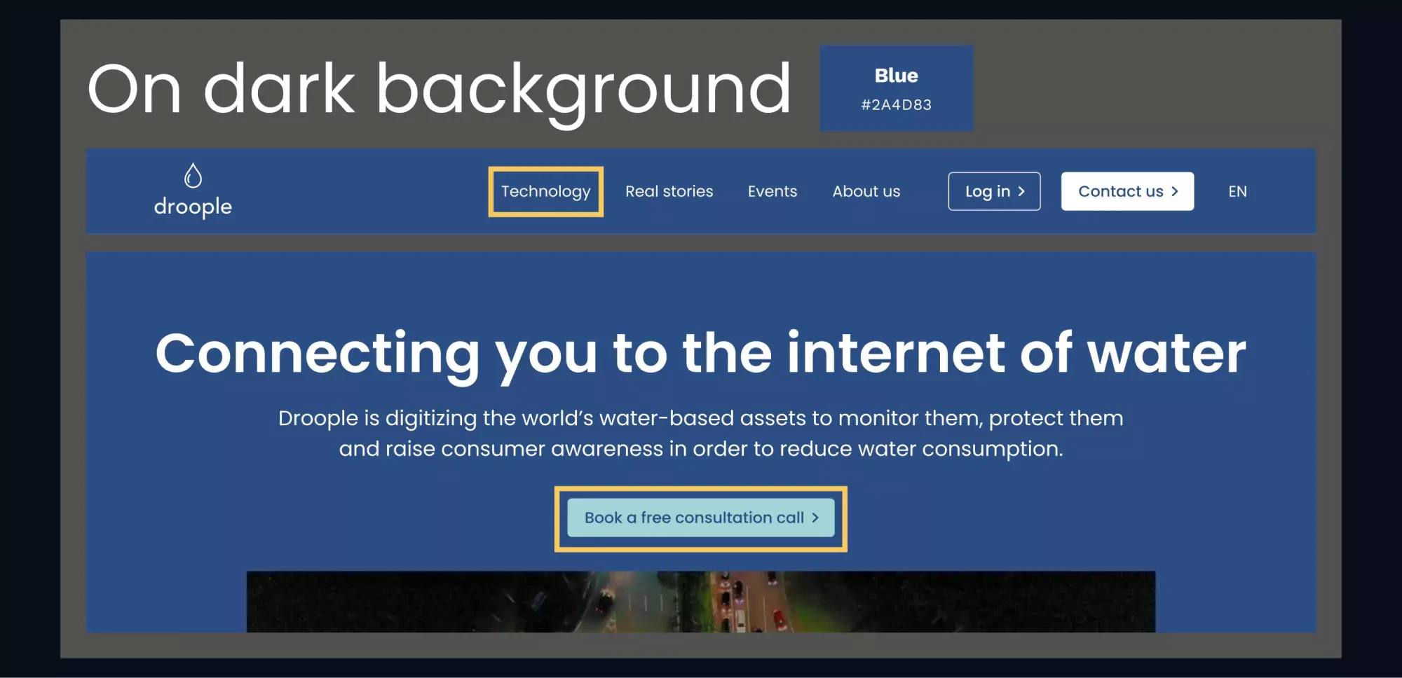 At the top, there is text, which says on dark background, and a rectabgle labelled Blue with a dark blue background. There is a menu from Yoshie's redesign of the website, outlined with a light yellow stroke, as well as a hero section that includes a button outlined with a light yellow stroke.