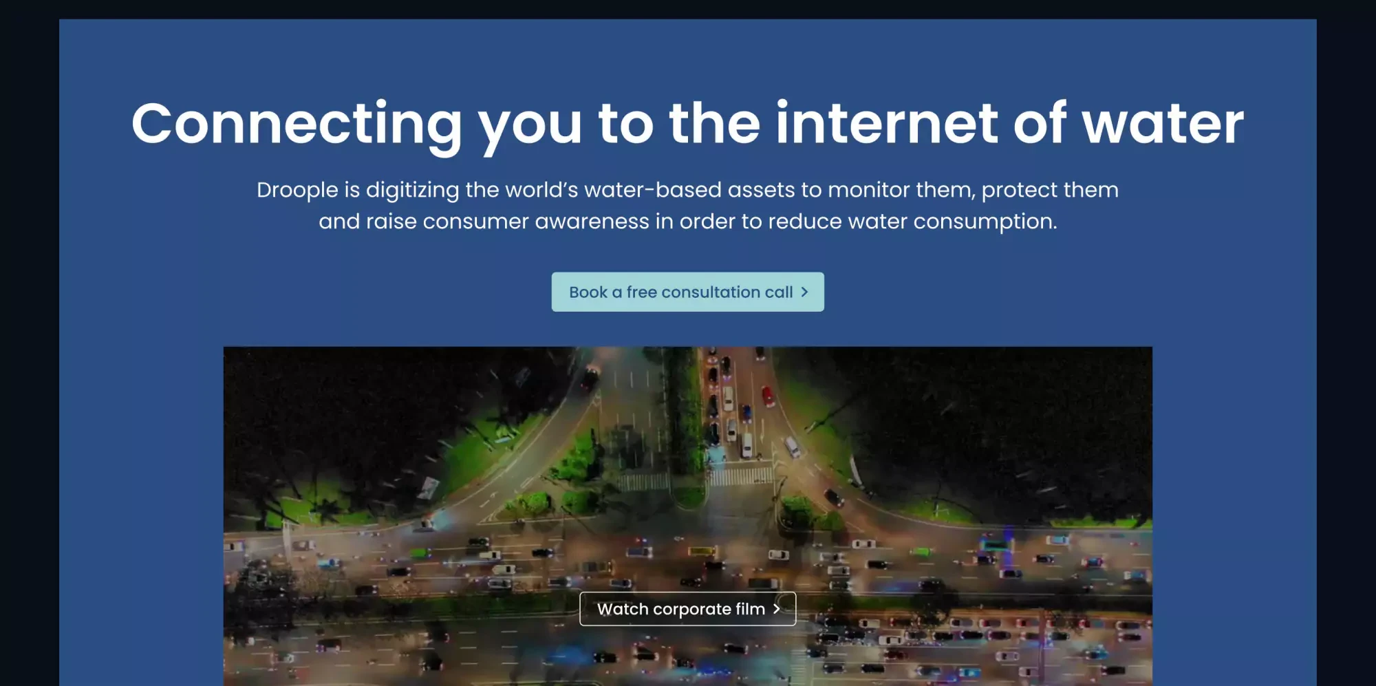 Yoshie's redesign of hero section, including the white title and sub title texts, a button with dark blue text and light blue backgroud and an image on the bottom on the dark blue background