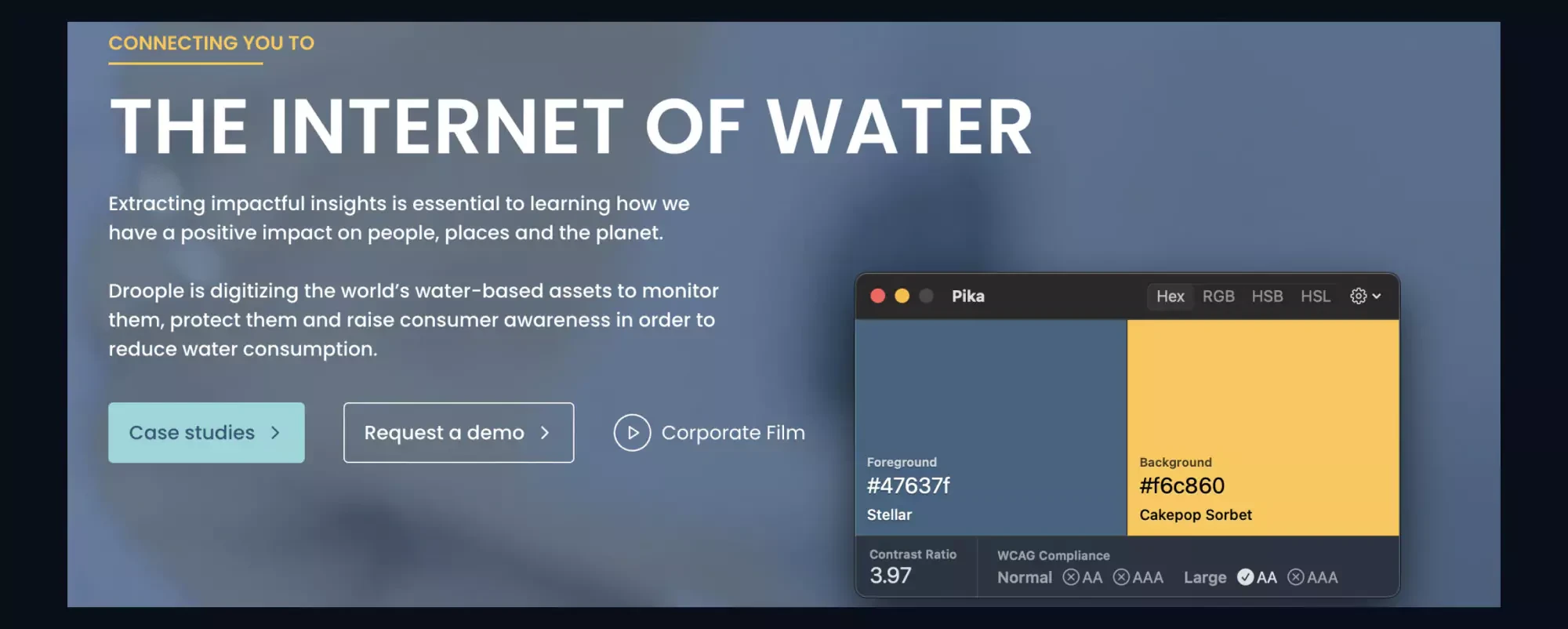 The current website's hero section and a overlay of colour contrast checker with the ratio of 3.97