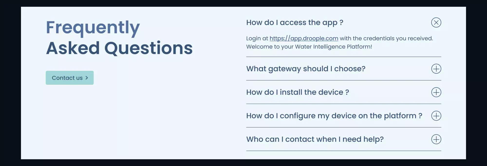 Yoshie's redesign of the FAQ section. On the left, the title reads "Frequently Asked Questions" in dark blue, with a button underneath. On the right, there is a list of accordions containing questions, with the top one expanded to show the answer text.