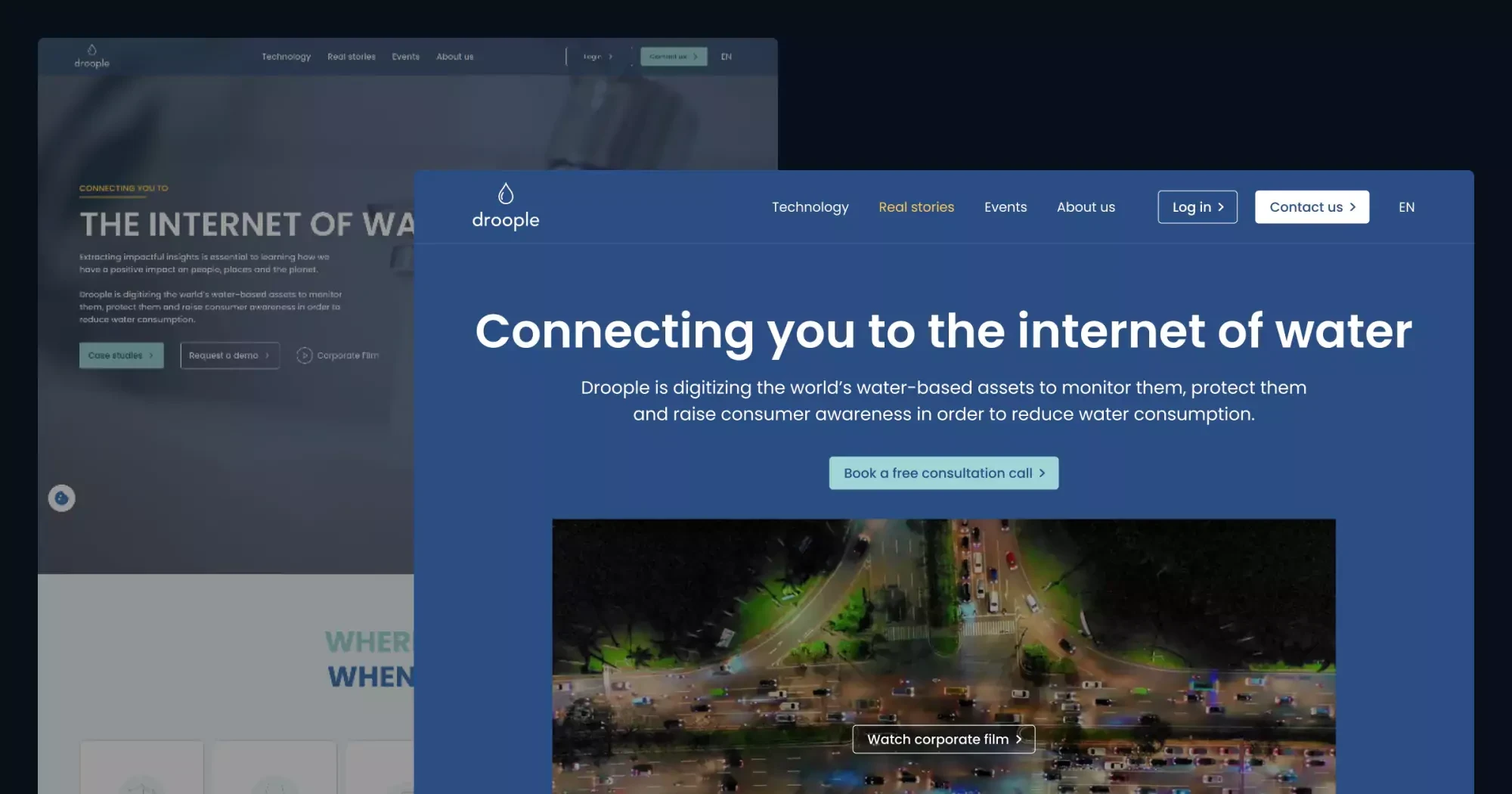 The image of the current homepage of Droople's website and Yoshie's redesign of it