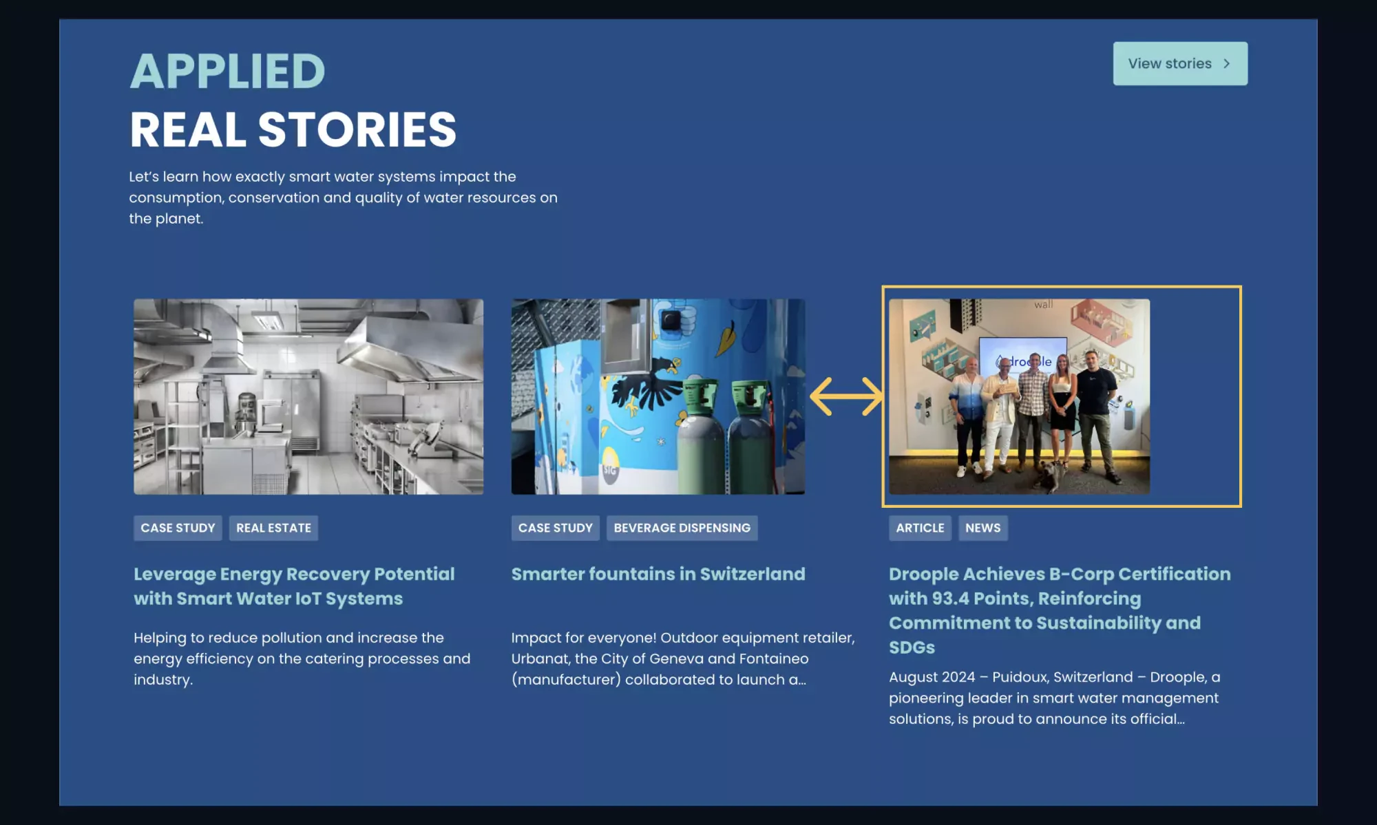 The current website's case study section with inconsistent image width and spacing highlighted in yellow