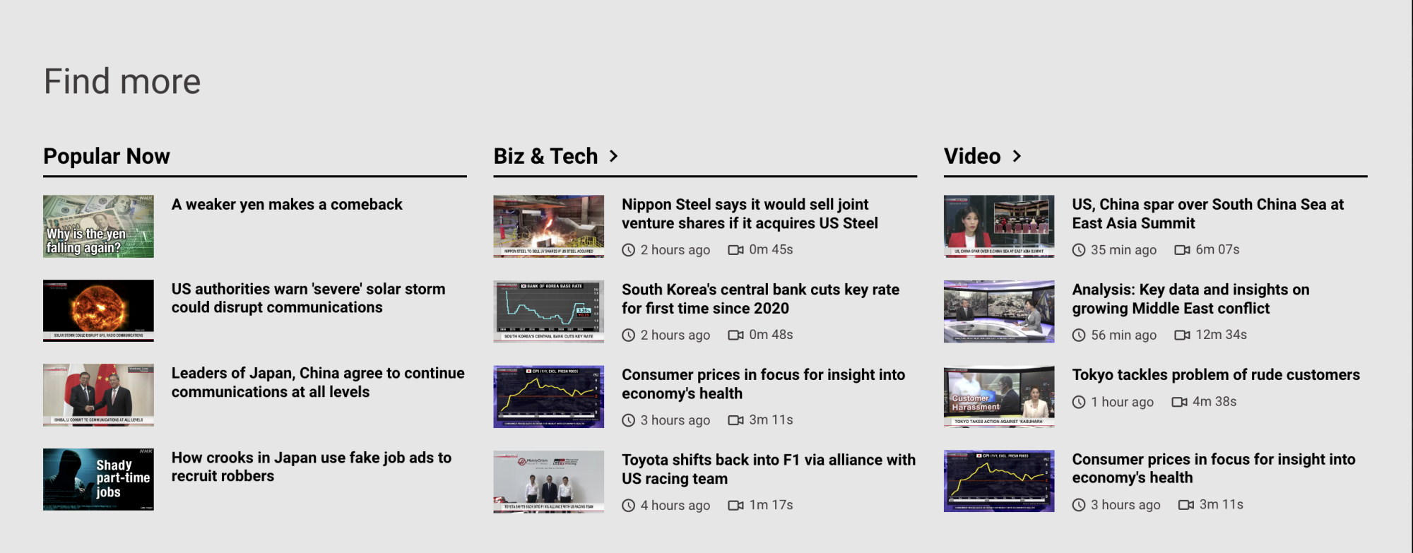 NHK World-Japan news page with three sections: Popular Now, Biz & Tech, and Video.