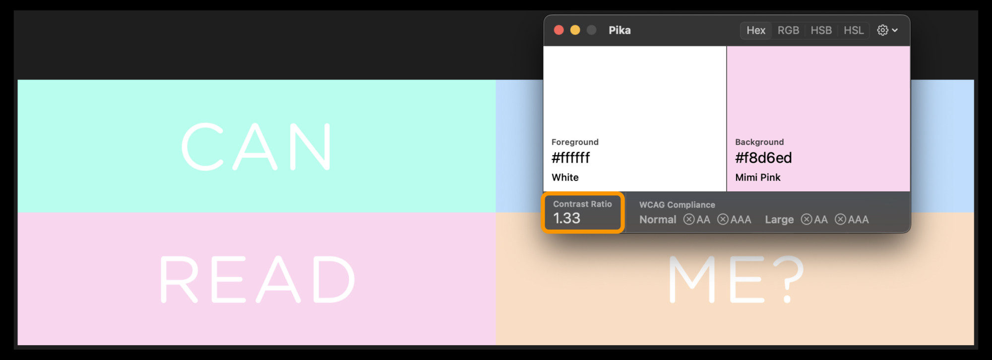 Pika app window above the sentence, can you read me? with 4 different pastel colour background