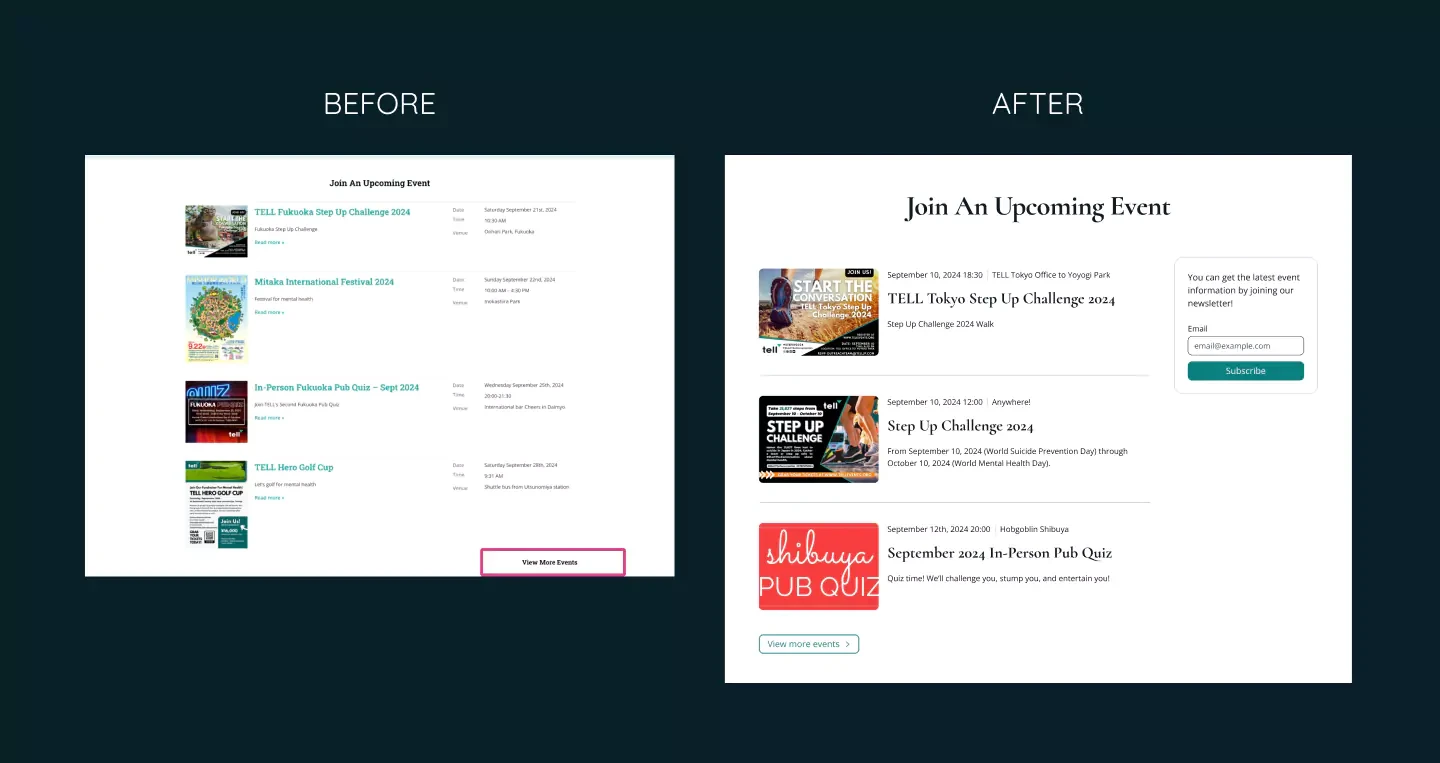 Web page design comparison showing 'Before' and 'After' layouts for an event list interface, highlighting improvements in visual design and user experience. In the 'Before' version, the 'View More Events' button is highlighted in a pink box.