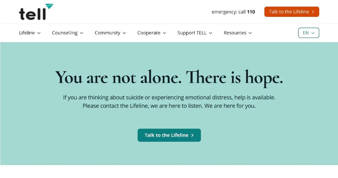 Webpage for Tell Lifeline suicide prevention support, with a message "You are not alone. There is hope." and a prominent teal "Talk to the Lifeline" button.