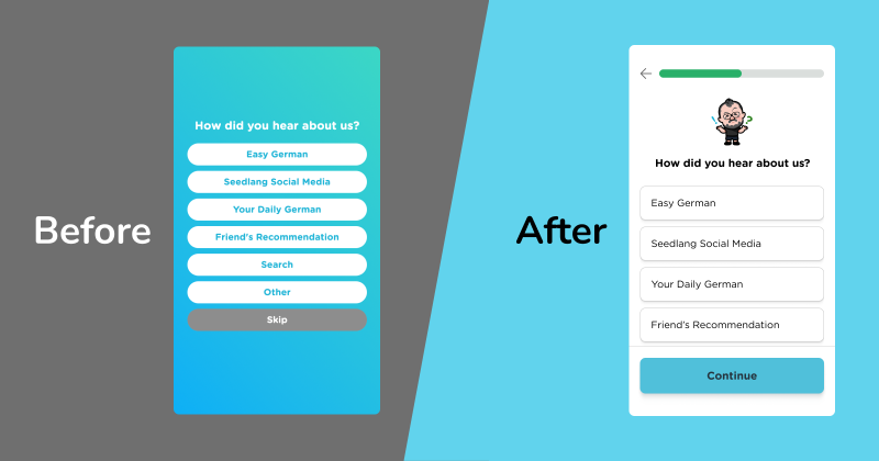 On the left, there is a word that says Before and a mobile screen of the old version of the Seedlang registration process. On the right, there is a word that says After and a mobile screen of Yoshie's redesign of the Seedlang registration process.