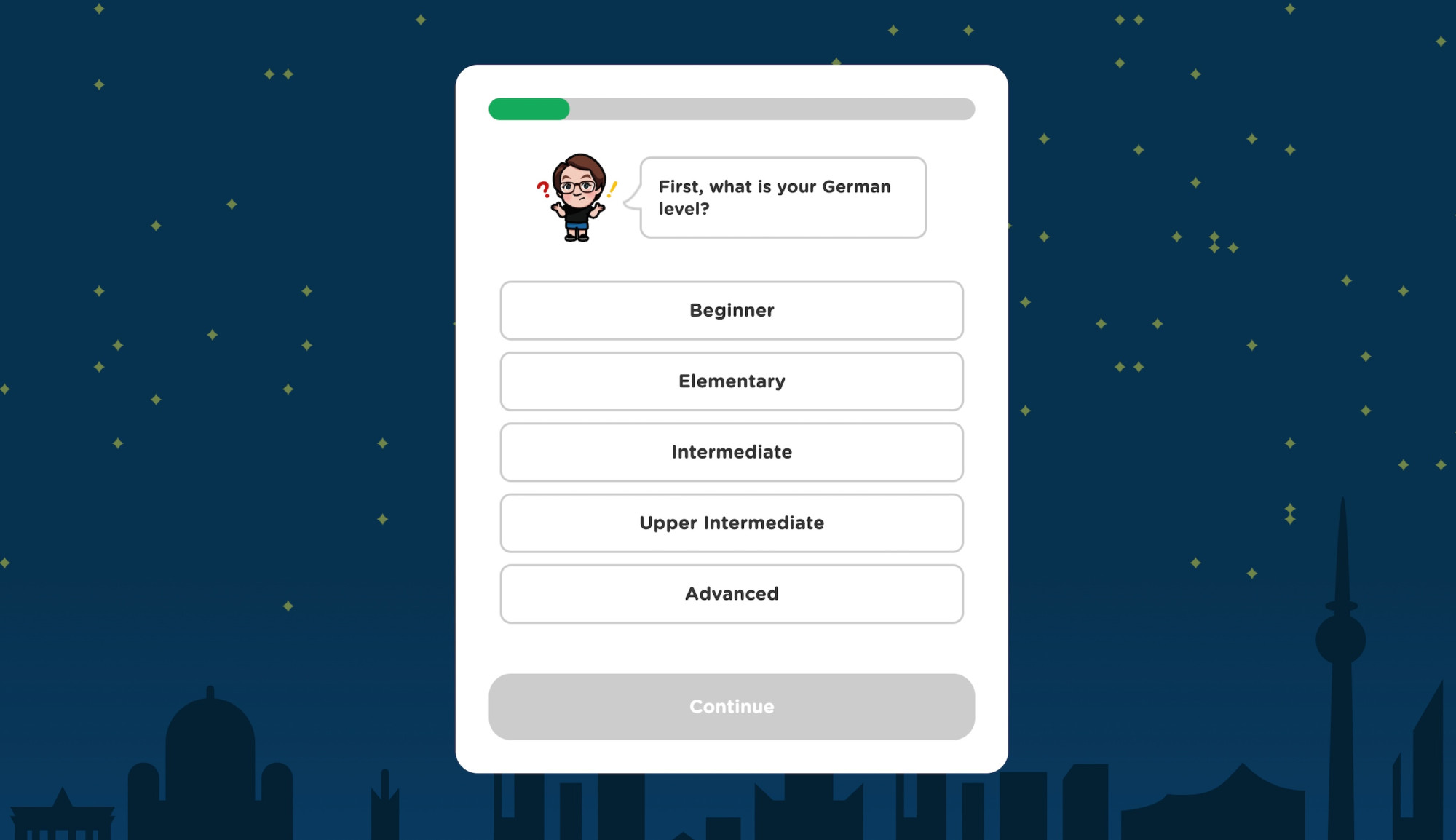 Screenshot of a language learning app featuring a cartoon avatar and the question 